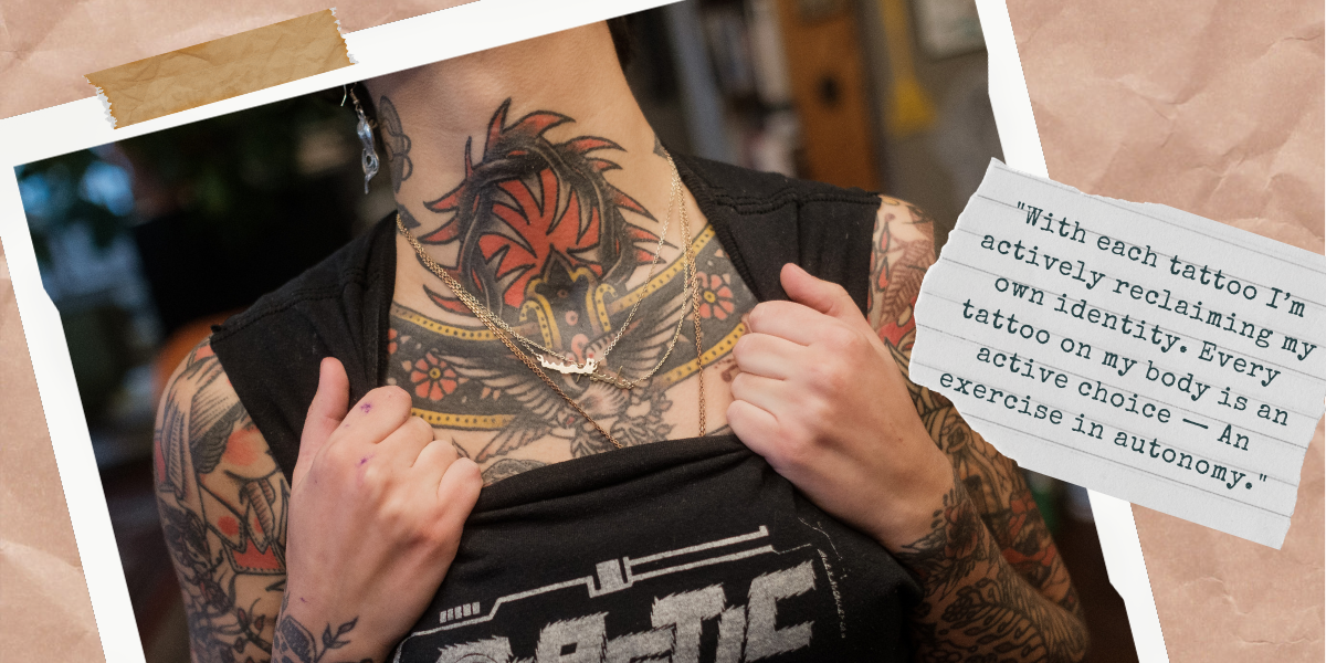 Image shows the heavily tattooed neck of tattoo artist Sema Dayoub. There is a small note on the site that reads ""With each tattoo I’m actively reclaiming my own identity. Every tattoo on my body is an active choice — An exercise in autonomy."