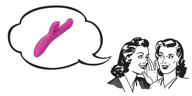 A stylized illustration of two 50's-styled white women whispering into each other's ears; a speech bubble above their heads contains a photo of a hot pink rabbit-style thrusting toy