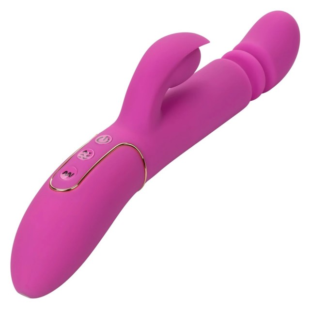 A hot pink thrusting vibrator with a rabbit-style attachment curving over the shaft of the toy and a slightly upturned head.