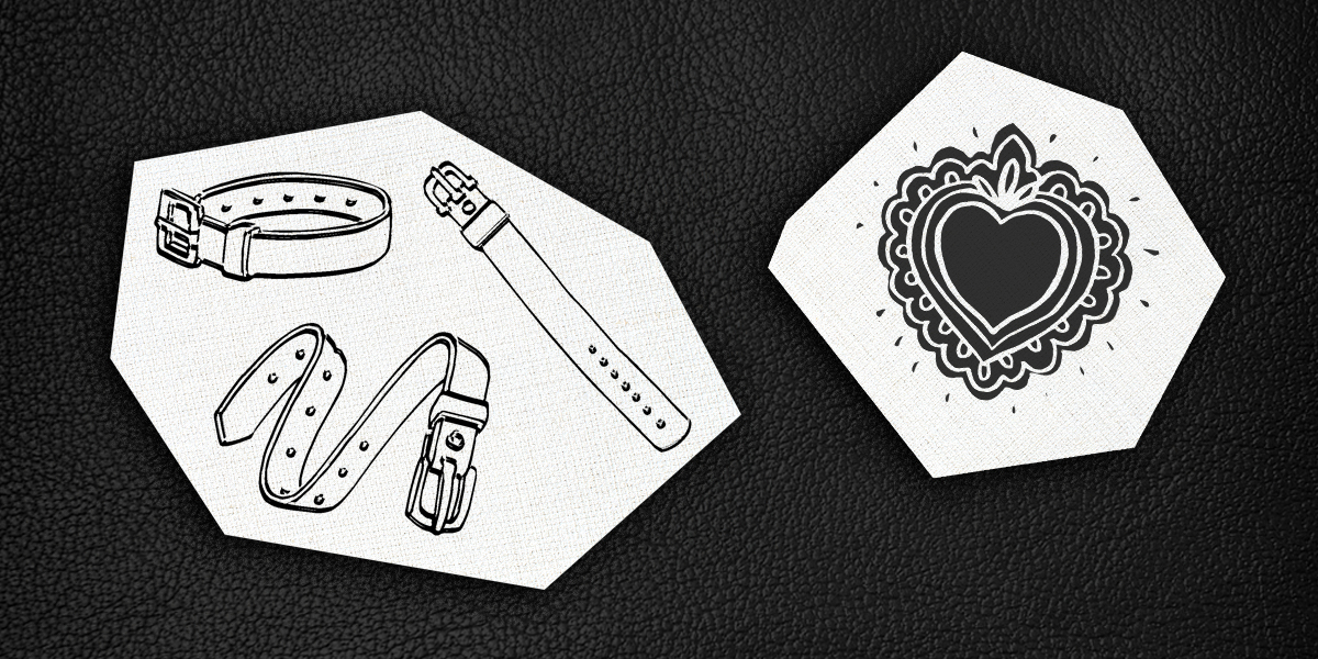 cutouts of black & white prints of collars and a stylized heart on a black leather background
