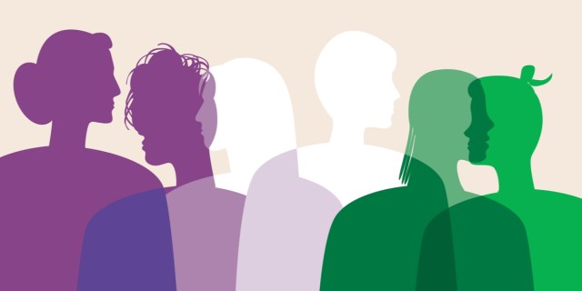 Illustrated silhouettes of the figures of six people from the torso up, in shades of purple, white and green.