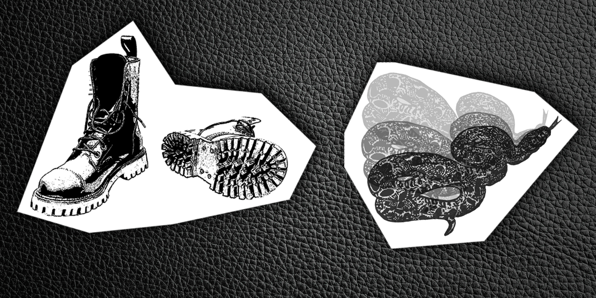 cutouts of black & white prints of a pair of leather boots and a stylized snake on a black leather background