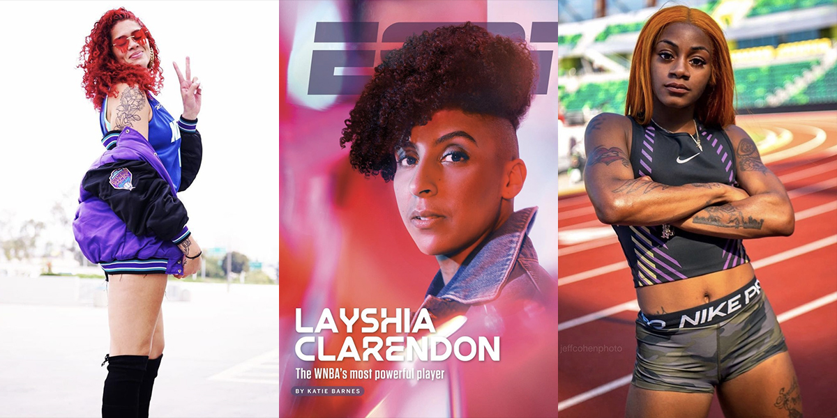 Three photo collage: Amanda Zahui B. of the LA Sparks, Layshia Claredon of the Minnesota Lynx, and Sha’Carri Richardson ready for the Olympics
