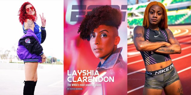 Three photo collage: Amanda Zahui B. of the LA Sparks, Layshia Claredon of the Minnesota Lynx, and Sha’Carri Richardson ready for the Olympics