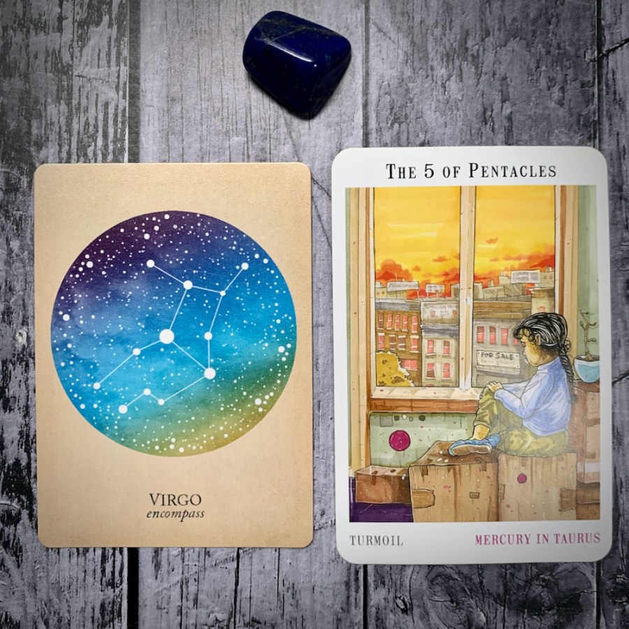 The Virgo constellation card and 5 of Pentacles tarot card