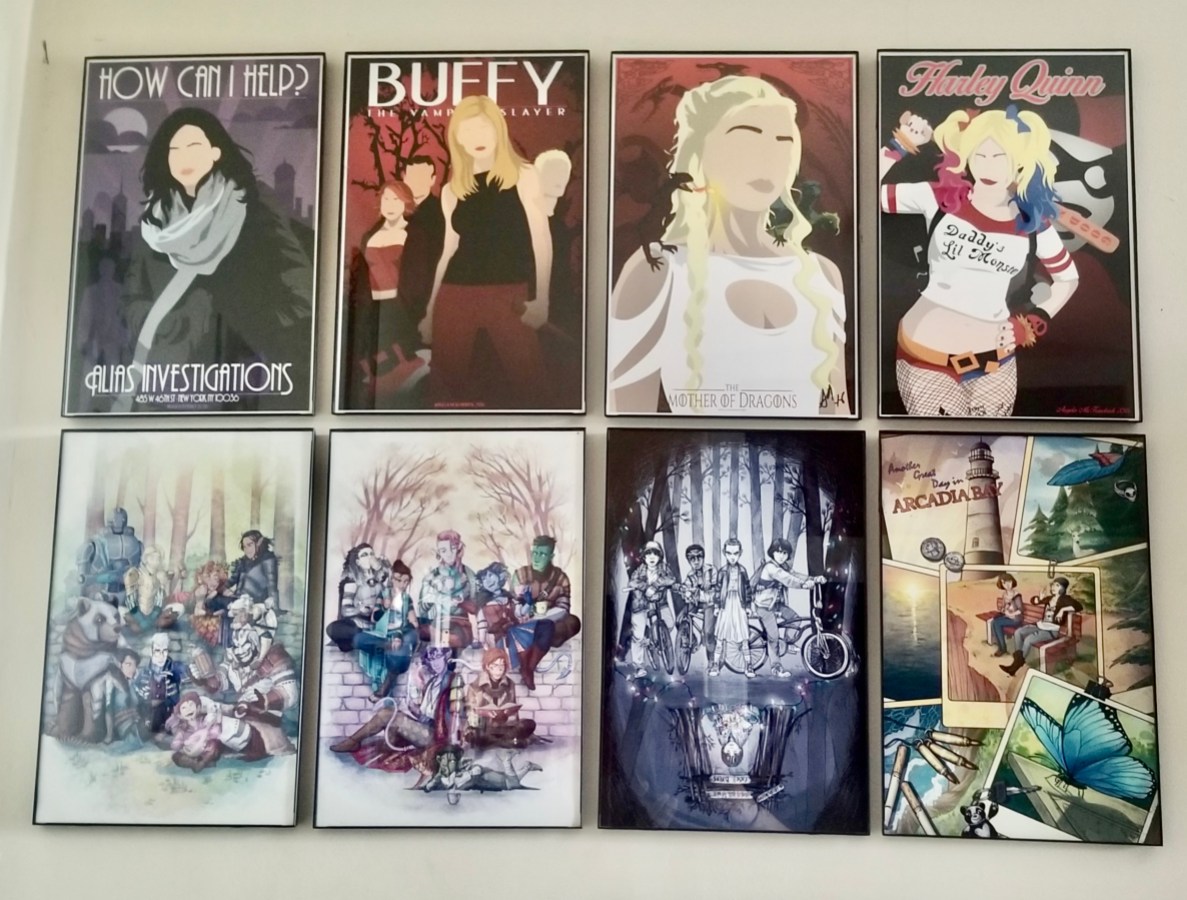 Eight comic book cover-style fan art drawings of Jessica Jones, Buffy, Daenerys Targaryen, Harley Quinn, and Critical Role