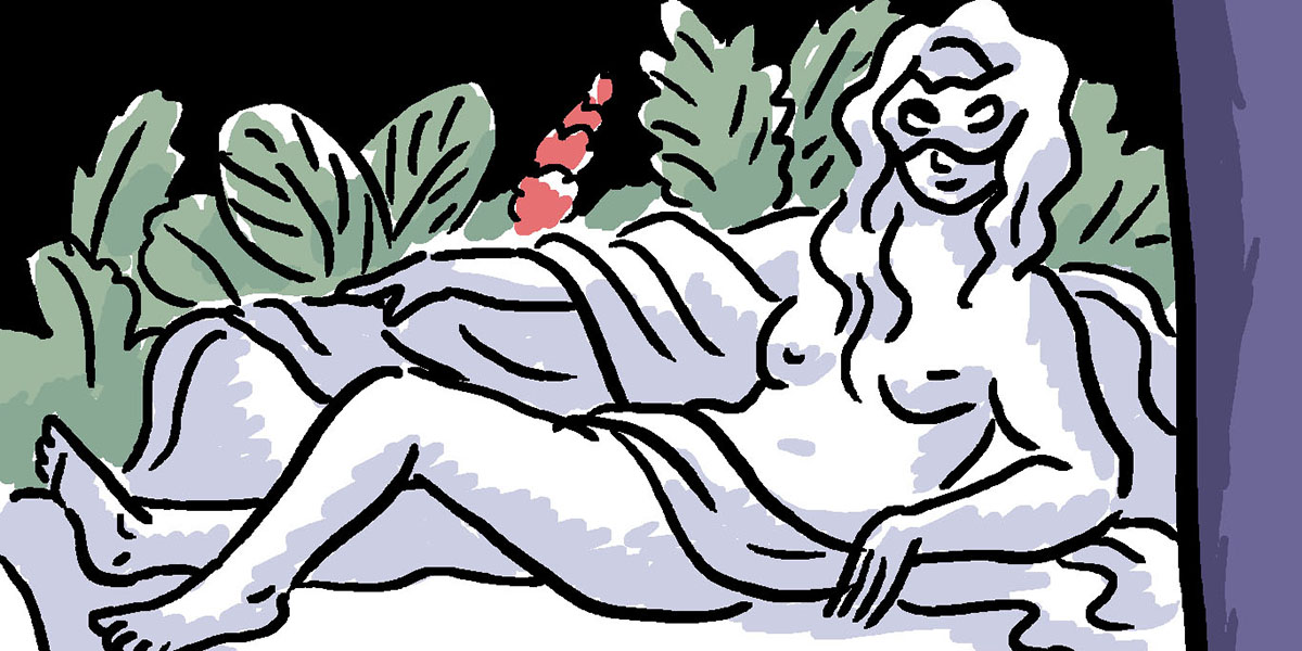 A cartoon of a statue of a woman lounging on a couch with a cloth draped around her