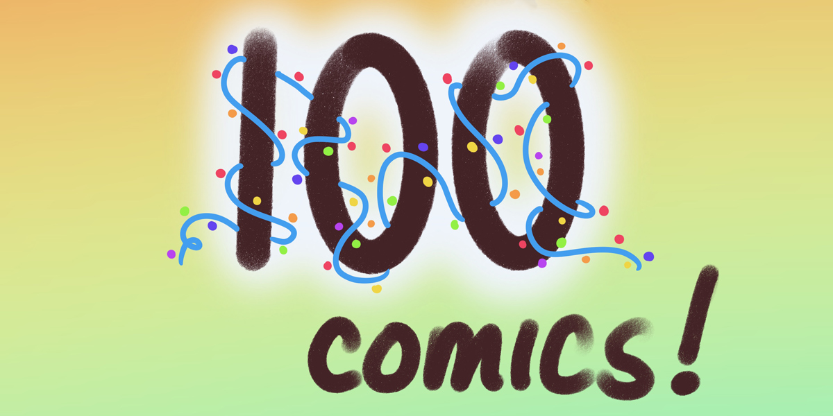 100 comics is in a rich brown color against an orange and green background. The 100 is covered in bright string lights.