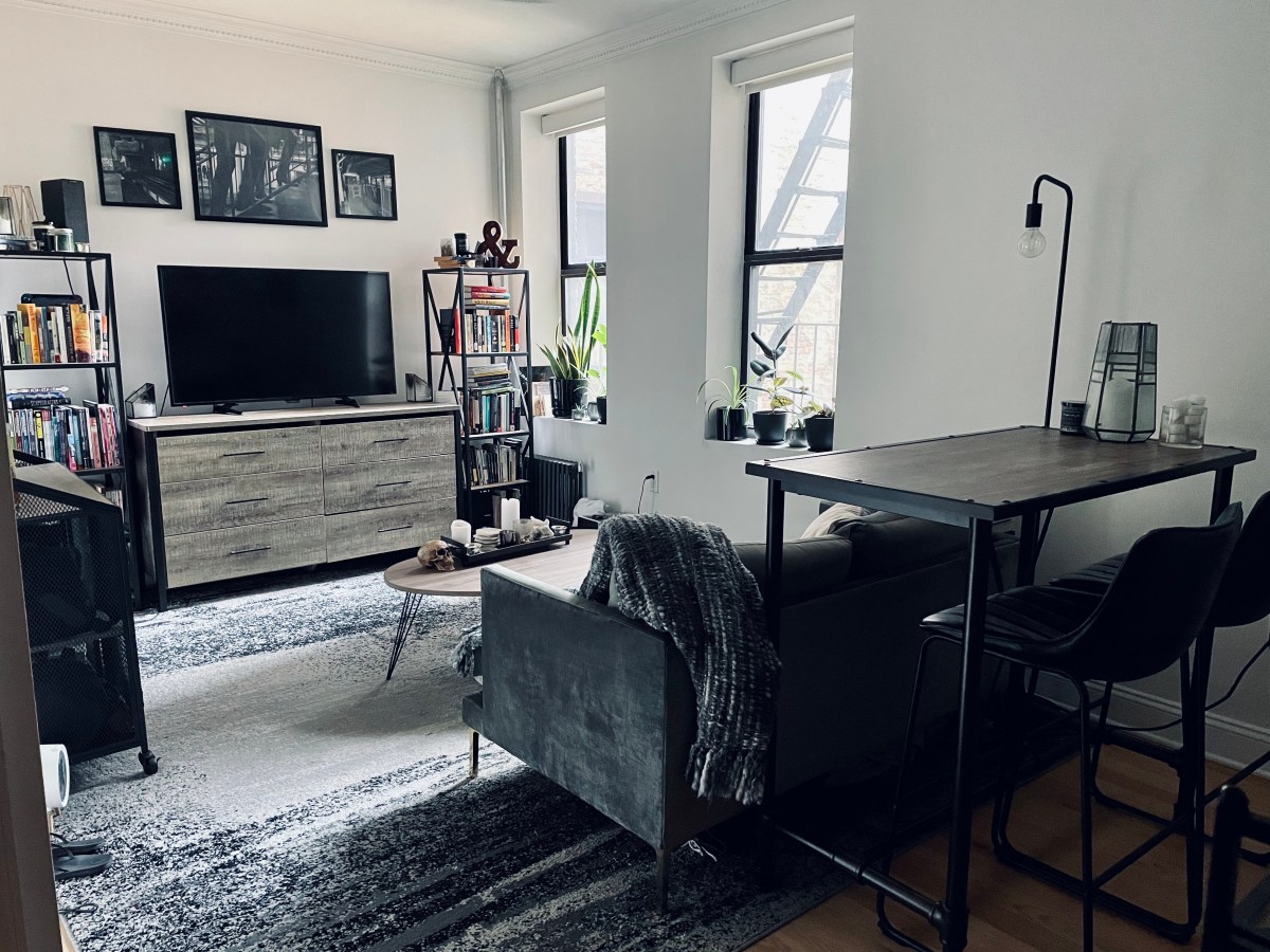 Larger view of the living room that connects to the dining space pictured earlier. The bar table sits flush against hte back of a love seat, which faces a small coffee table, a dresser with a television flanked by two bookcases. The room is anchored by a large grey and white rug, and features photography on the walls and two small windows with plants on the sills.