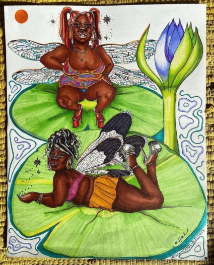 Image shows a drawing of two Black femmes presented as fairies relaxing on lilypads