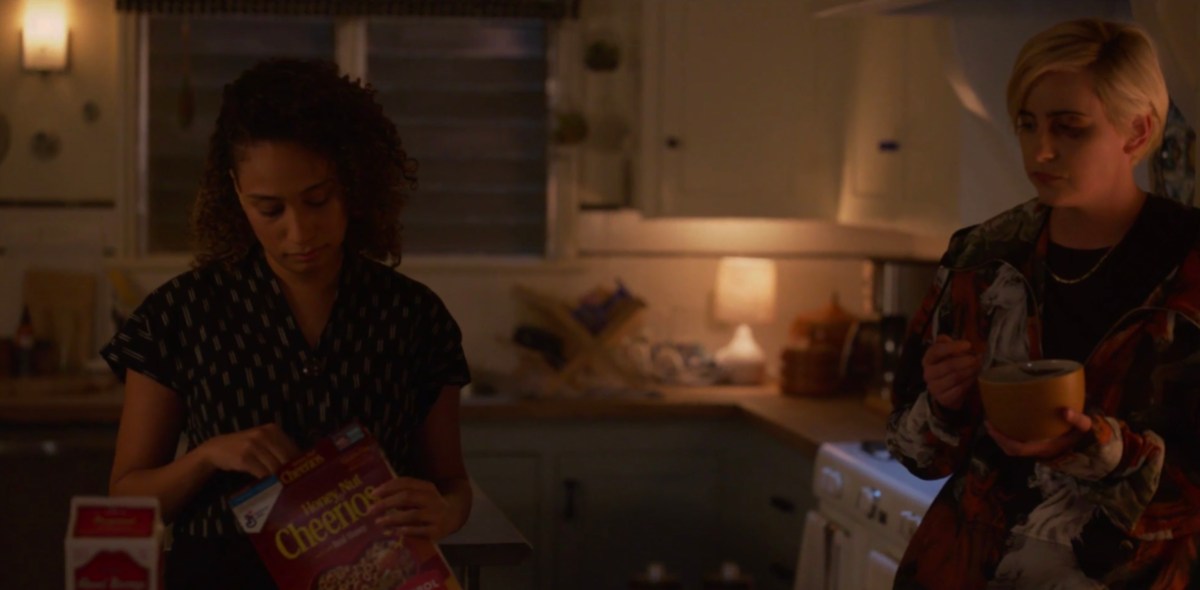 Sophie and Finley in the kitchen with cereal