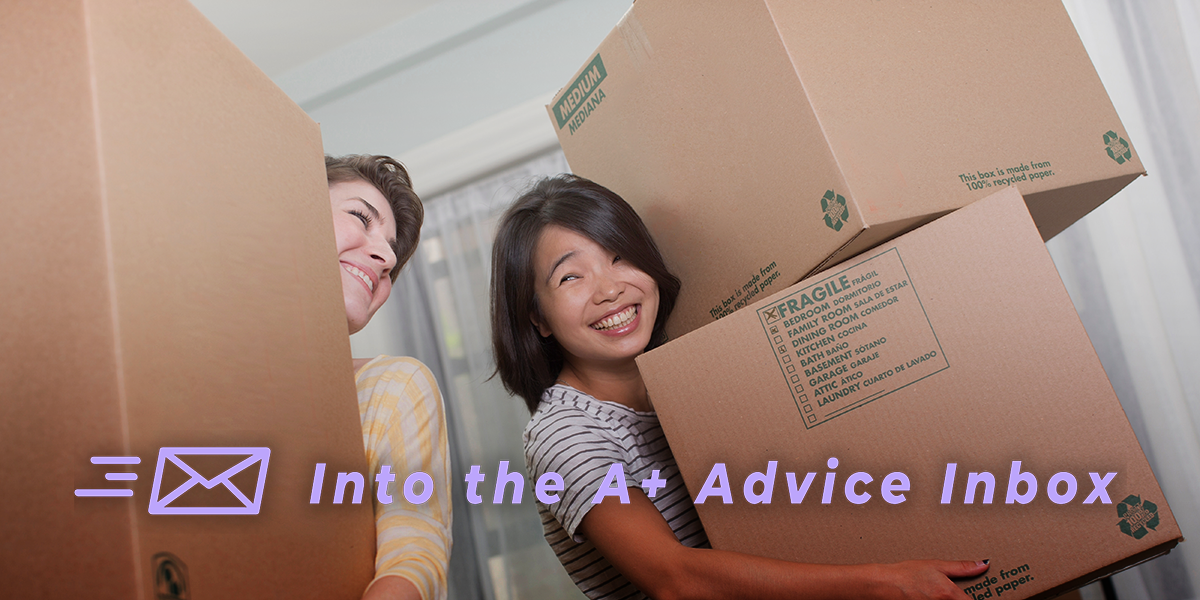 on the left, a white femme human holds some boxes, is smiling but mostly obscured by the large cardboard box. to the right, a more visible femme who is asian is holding two boxes stacked on top of each other and grinning. text over the image reads: Into the A+ Advice Box