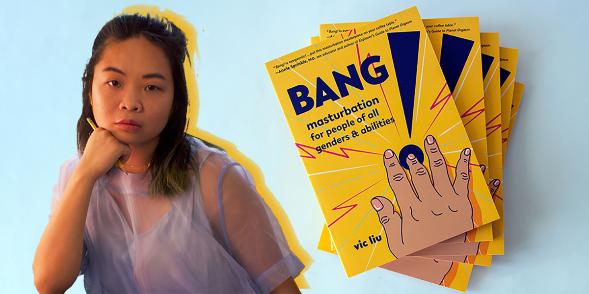 A photo of author Vic Liu in a lavender sheer sleeve dress propping her head on her fist and looking directly into the camera next to a stack of copies of Bang!