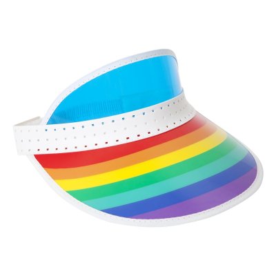 a sun visor with rainbow pattern