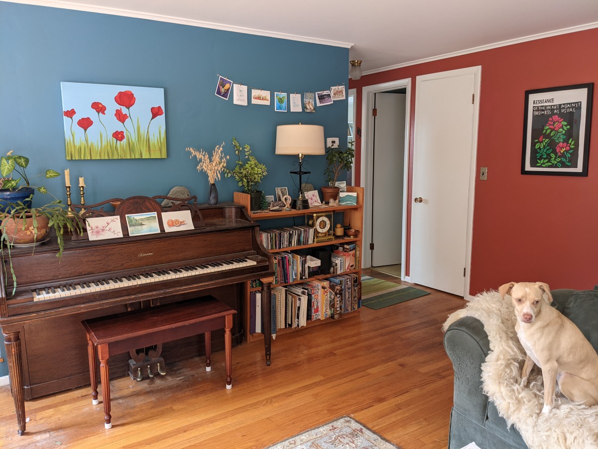 A medium blue wall on the left includes a print of poppies as well as a brown wooden piano, next to a bookshelf with a lamp, plants, and a collection of cards and memorabilia. The right wall is painted a rust red and has a white door