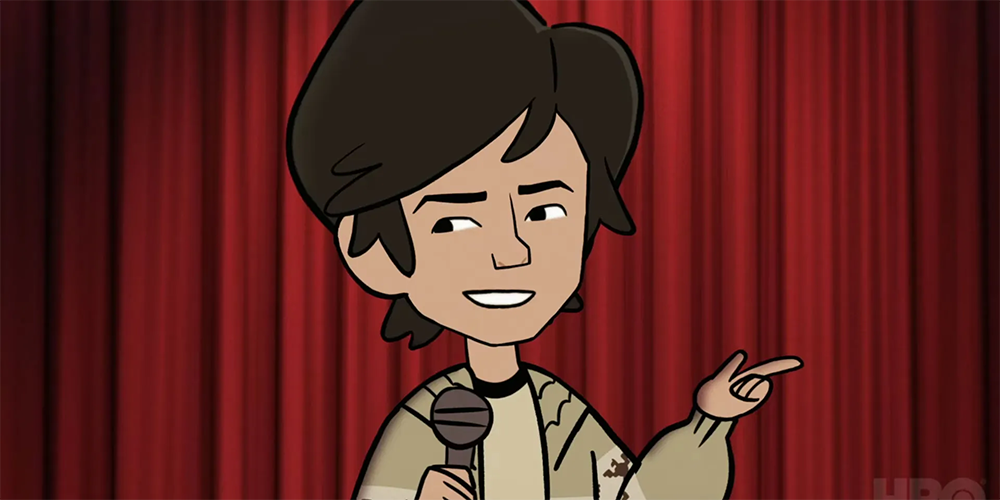 A cartoon Tig Notaro stands in front of a red curtain, wearing an oversized cardigan, and holding a microphone