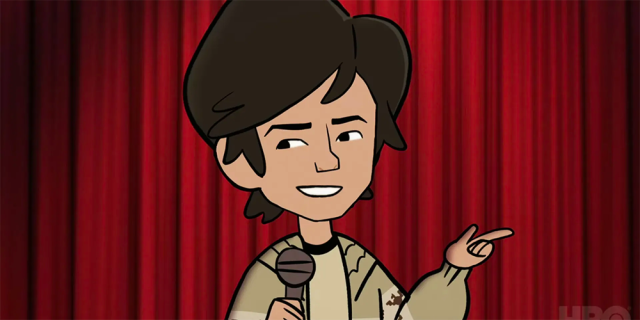 A cartoon Tig Notaro stands in front of a red curtain, wearing an oversized cardigan, and holding a microphone