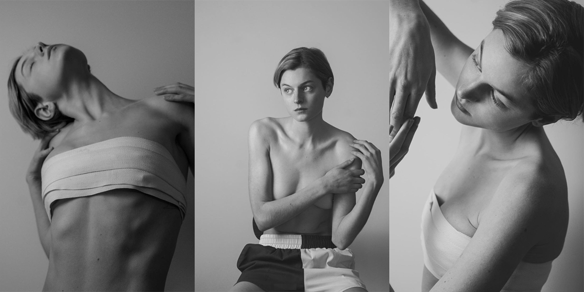 A three-photo collage of Emma Corrin: in a makeshift binder, sitting shirtless with an arm across their chest, and in a dancer's pose