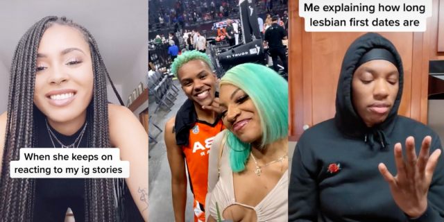 Image shows 3 photos together. The first is a Black woman with braids and text that reads "when she keeps reacting to my ig stories". The middle image is of a Black Queer couple with matching cute hair colors and the the last image shows a Black person counting on their fingrs with text that reads "explaining to my straight friends how long lesbian dates are"