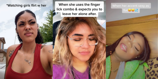 Image shows 3 separate images together. The first shows a girl looking confused with the words "When they flirt with your gf" above her. The second shows a girl in a purple top and glasses with the text above her that reads "when she uses the finger lick combo and expects you to leaver her alone after". The 3rd shows a girl smiling in a green shirt with text above her that reads "when her accent sexy af"