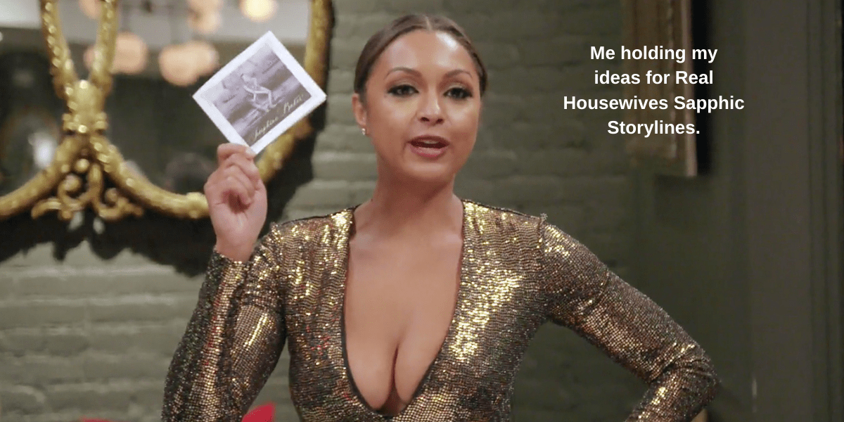 image shows a black woman holding a card and there is text that says "me holding my ideas for housewife sapphic storylines"