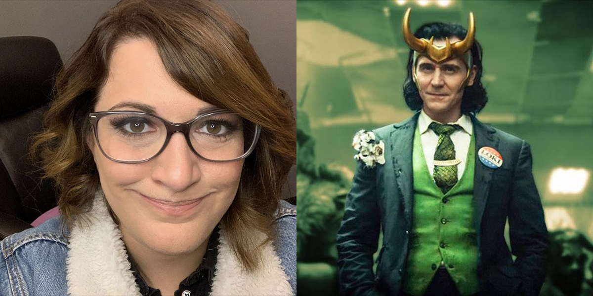 Left: Kate Herron in a jean jacket / Right: Loki in a green suit