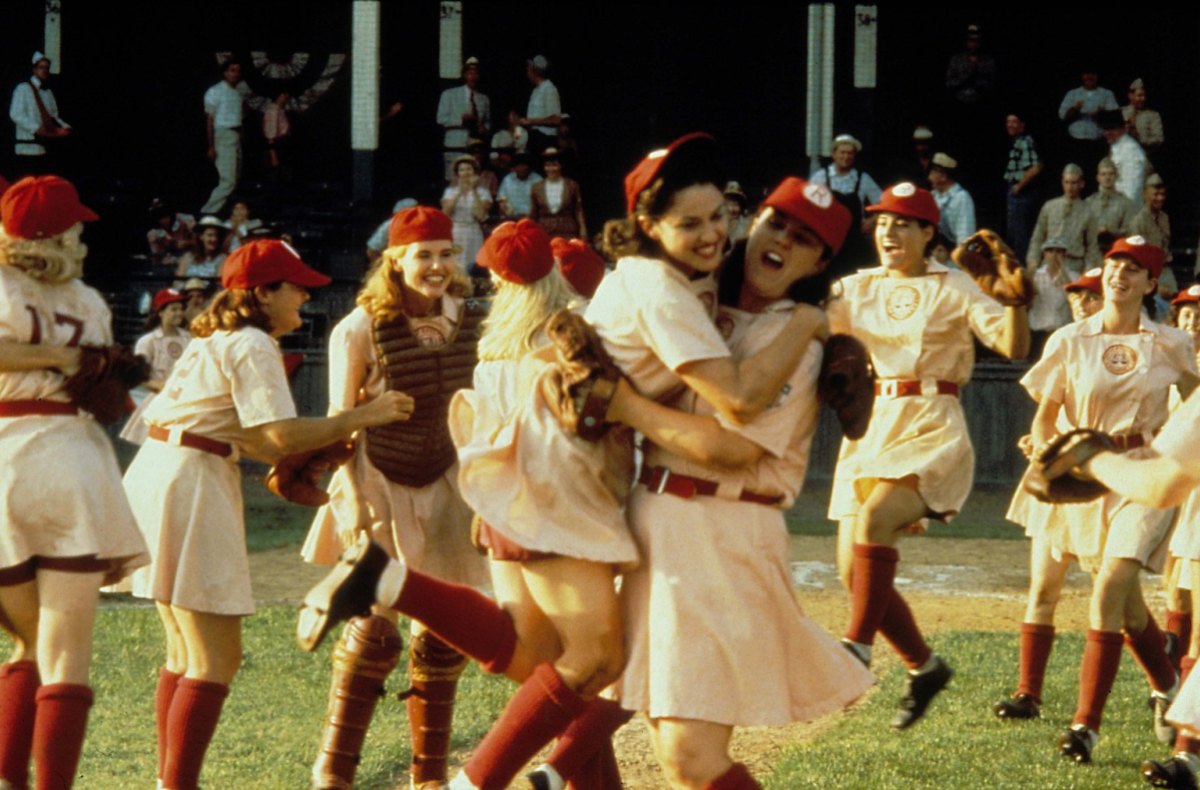 lady baseball players celebrating a win in A League of Their Own