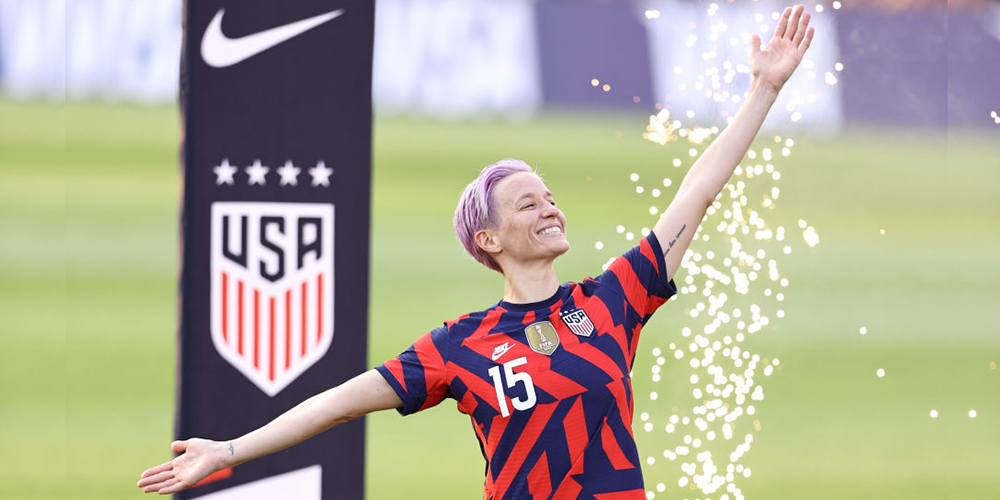 EAST HARTFORD, CONNECTICUT - JULY 05: Megan Rapinoe #15 of the United States is announced during the Send Off ceremony following the Send Off series match against Mexico at Rentschler Field on July 05, 2021 in East Hartford, Connecticut. (Photo by Elsa/Getty Images)