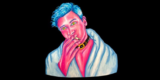 A person with pink skin, swirling green eyes and blue hair wears a blue robe and black collar and smokes a cigarette against a black background
