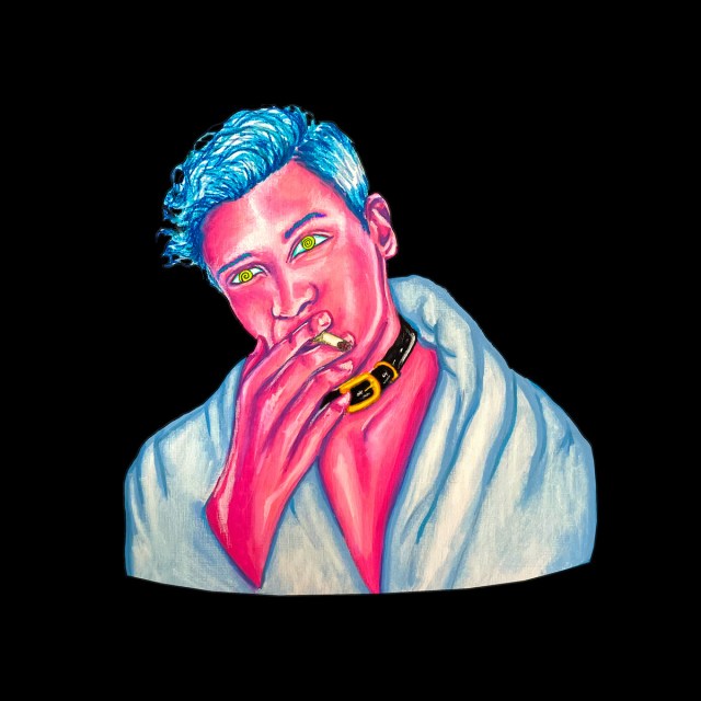 A person with pink skin, swirling green eyes and blue hair wears a blue robe and black collar and smokes a cigarette against a black background