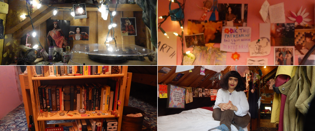 Collage of four images showing a warm space with string lights, bookshelves, framed photographs, paper collectables, and a person sitting on their bed smiling at the camera
