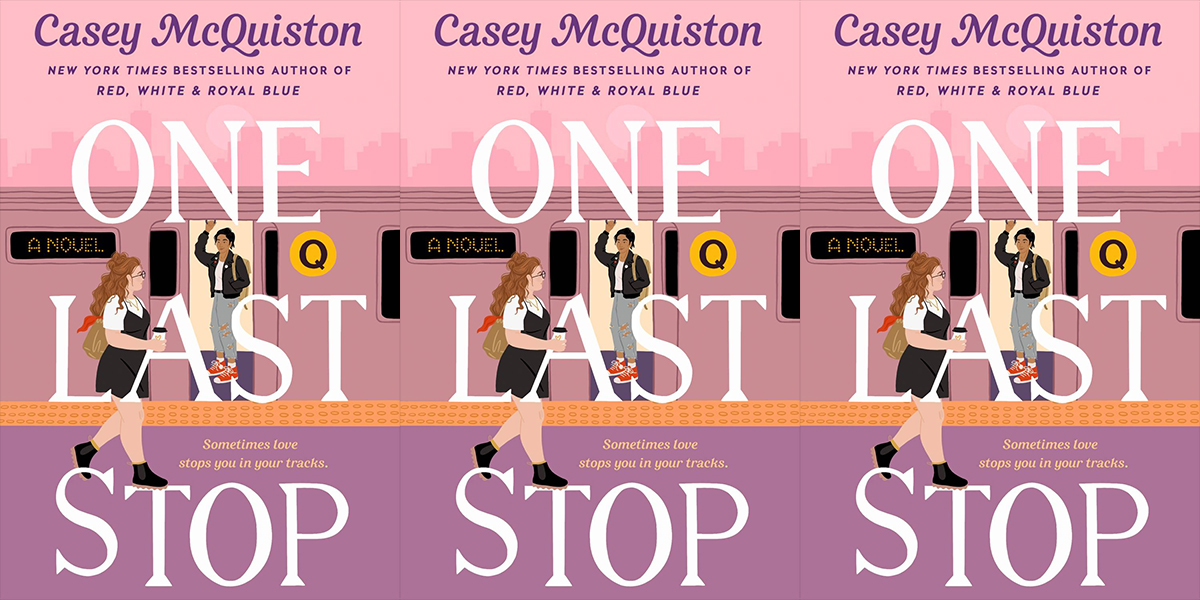 One Last Stop review: The cover of One Last Stop: A queer Asian woman in ripped jeans, a white t-shirt, a leather jacket, and red sneakers stands on the Q train. A white bisexual woman with red hair, carrying a cup of coffee, wearing black boots and a black jumper-dress walks by and notices the woman in the train. The cover says "One Last Stop."
