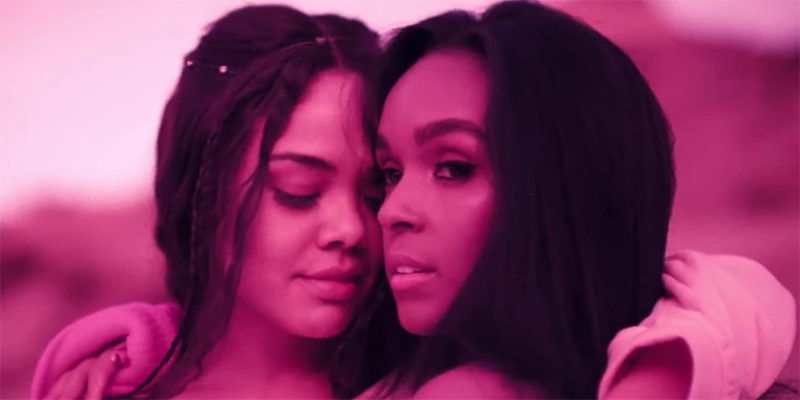 Janelle Monae and Tessa Thompson hug in the music video for PYNK