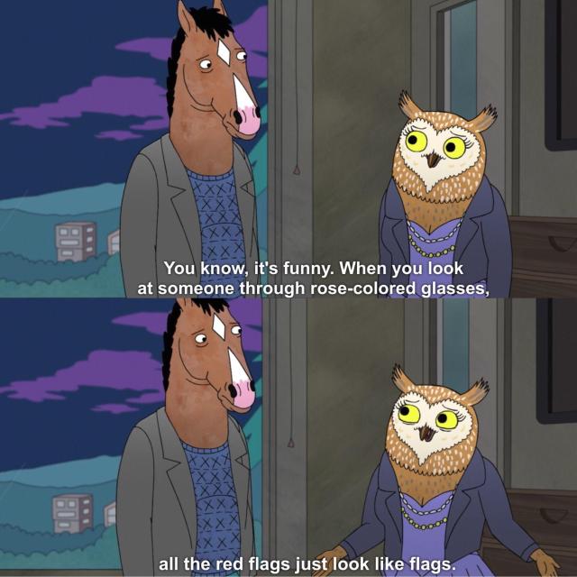 Wanda (an owl) talks to BoJack (a horse). Wanda: You know, it’s funny. When you look at someone through rose-colored glasses, all the red flags just look like flags.