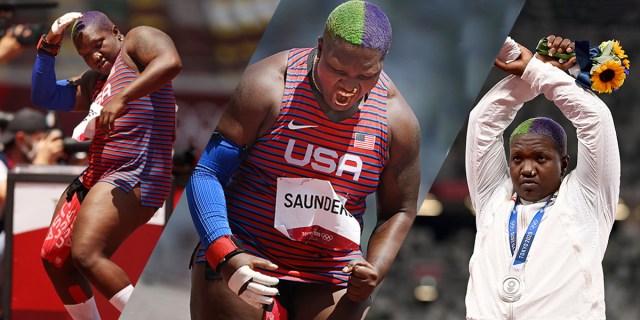 Three images of Raven Saunders, the lesbian shot-putter for the United States Olympics team. In the first Raven is dancing and celebrating, in the second she is flexing her muscles, and in the third she is raising an X above her head with her arms during her flag ceremony.