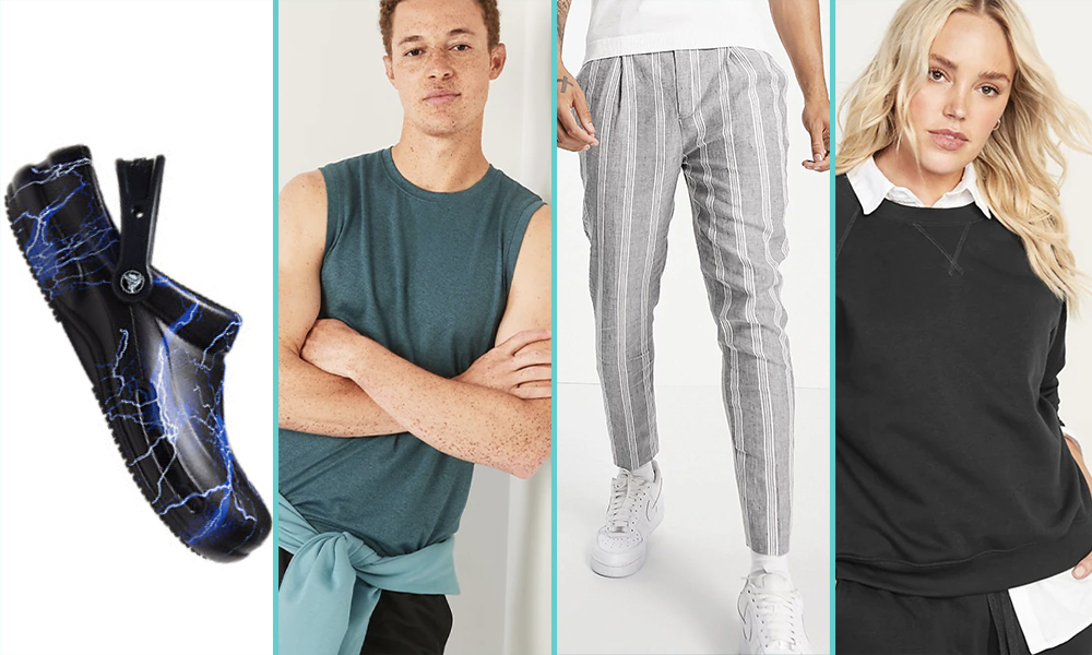 Examples of lesbian workplace fashion: A pair of black crocks with a pattern of a thunderstorm in blue, a turquoise blue muscle shirt, grey and white pinstripe pants that tapper off at the ankle, and a black crewneck sweater with sweatshirt details at the collar.