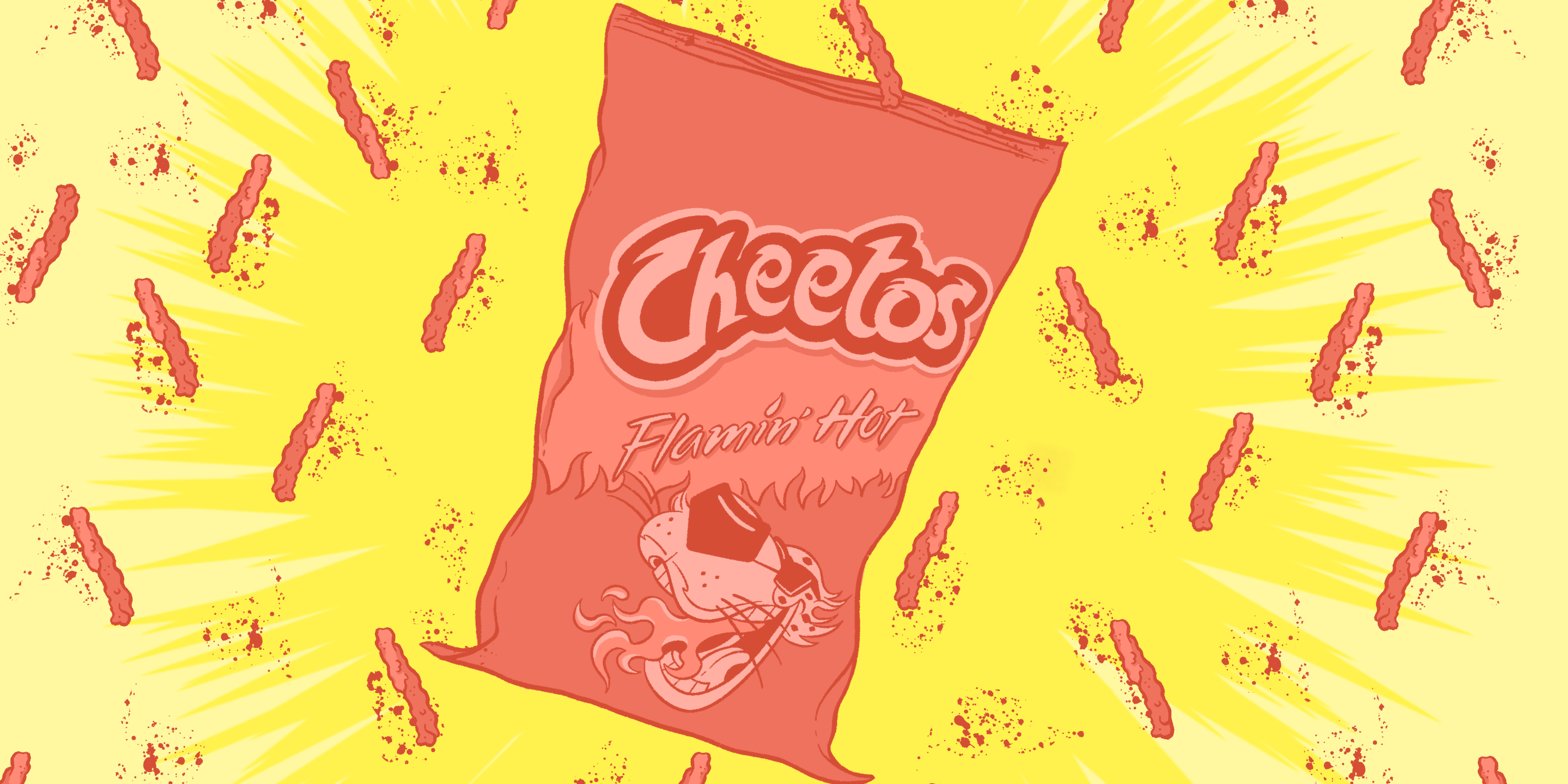 Illustration of a bag of Flaming Hot Cheetos on a background of single cheetos with scattered dust on a yellow background.