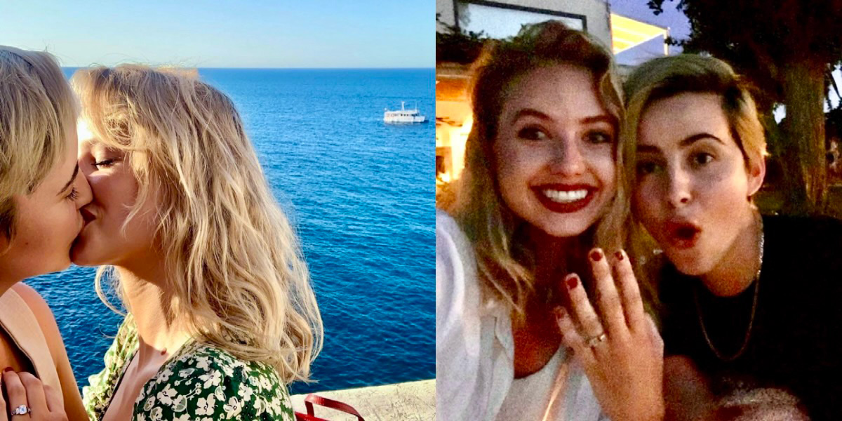 Jacqueline Toboni with her fiancée Kassandra Clementi, first the couple is shown kissing next to the ocean and then the Cassandra is shown showing her engagement ring at night while Jacqueline makes a silly face.