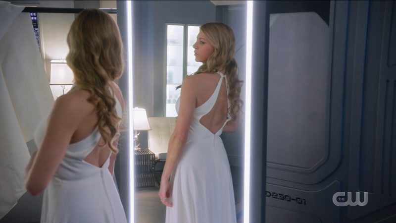 Legends of Tomorrow Episode 611: Ava looks at her wedding gown in the mirror