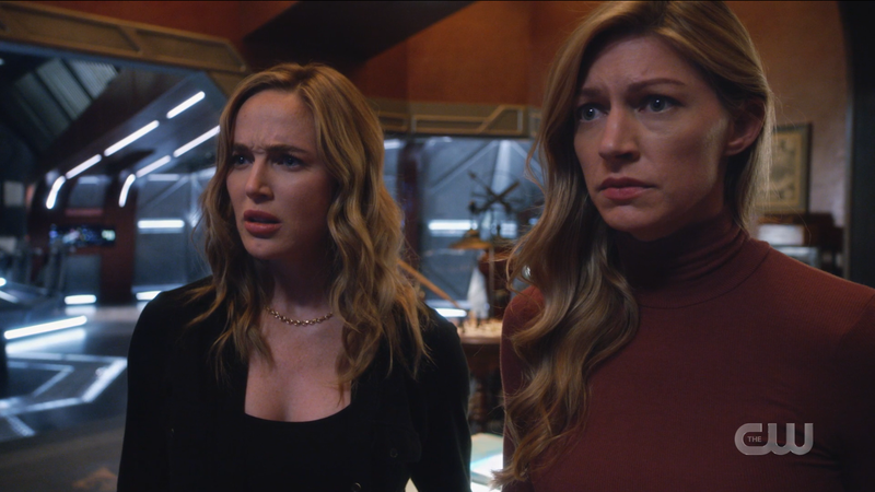 Legends of Tomorrow Episode 613: Avalance, Ava and Sara look perplexedly at the screen.