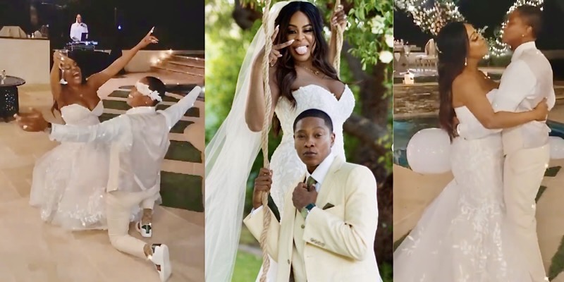 A collage of Niecy Nash and her wife Jessica Betts on their wedding day: in the first photo Jessica removes Niecy's garter belt, in the second photo the pair makes silly faces, in the third they take their first dance as wives.