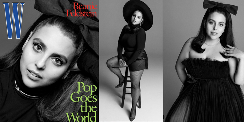 A collage of Black and White photos of actor Beanie Feldstein, first on the cover of W magazine in a close-up of her face, then sitting on a stool displaying her legs, and finally in a strapless dress.