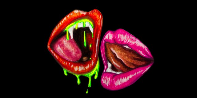 A mouth with red lips, fangs and green blood dripping from its teeth faces a pink mouth against a black background
