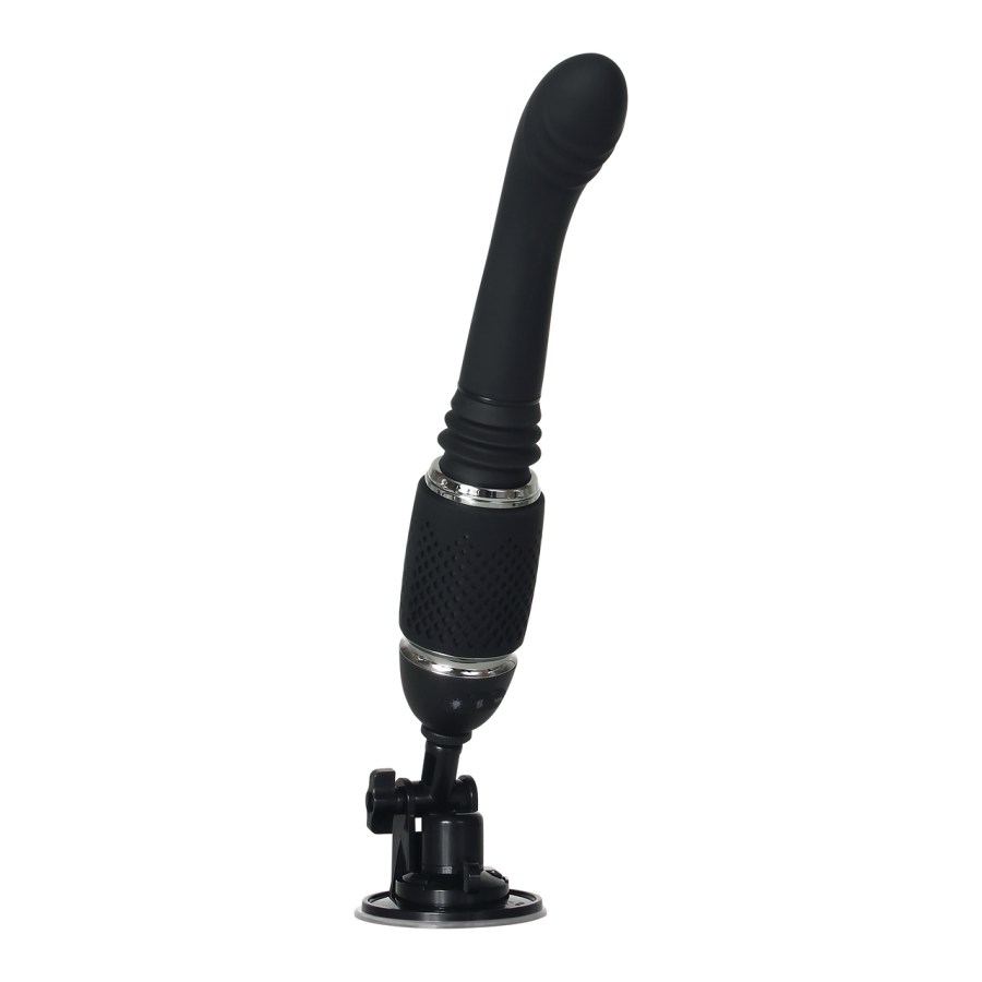 A black, bulbous silicone dildo attached to a thrusting, suction cup base