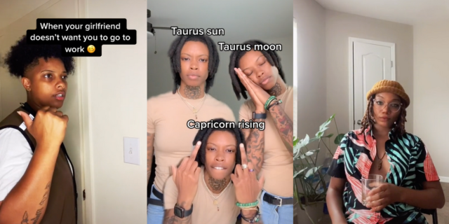 Image shows 3 images together. The first is of a Black person wearing a UPS uniform pointing behind them with the text “When your girlfriend doesn’t want you to go to work”. The second shows the same person in 3 different positions (standing, sleeping and giving the middle finger) with their signs above them (Taurus, Taurus, Capricorn). The 3rd is of a Black person sitting in a chair holding a glass of drink with a plant behind them staring beautifully into the camera.