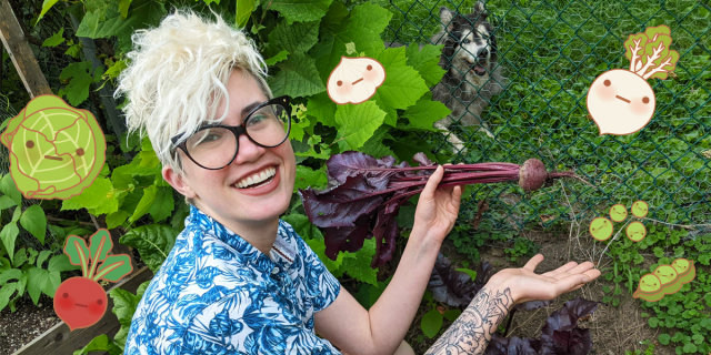nicole holds up a beet from their garden, surrounded by greenery with cute little illustrations of vegetables around them. nicole is a white non-binary person with short cut and shaved bleached hair, wearing big glasses cat-eye shaped glasses and a beachy collared shirt