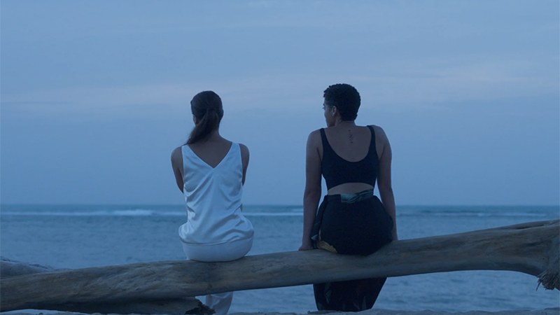 Elena and Ruby sit on a log and stare out at the ocean