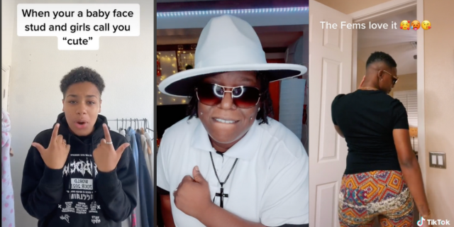 Image shows 3 photos together. The first is of a fair skinned Black person with short hair and a youthful face and text above them that reads “When you’re a baby face stuff and girls call you cute”. The second is of a dark skinned Black person with all white on, including shirt and hat, looking at the screen smoothly with sunglasses on and biting their lips. The third is on a brown skinned Black person with their back to the camera posing with a hip jutted out in form fitting shorts and a fitted black top and text above them that reads “The fems love it” with 3 heart smiley emojis
