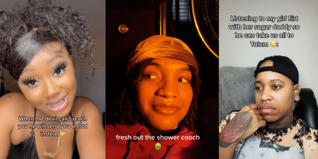 Image shows 3 photos together. The first is a Black person with big eyes looking into the camera with text under that reads “When the devil can’t reach you he will send you a stud instead”. The second is a Black person in a durag side eying the camera and text that reads “Fresh out the shower cooch” with a puking emoji. And the third is a Black person in a backwards hat looking away from the camera with text that reads “Listening to my girl flirt with her sugar daddy so he can take us all to Tulum” with an eye roll emoji.