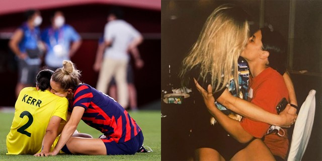 A two photo collage of Sam Kerr and Kristie Mewis: snuggling in their uniforms after the bronze medal game and kissing